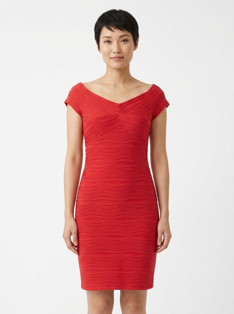 Joseph Ribkoff Red Sheath Knee Length Pleated Knit Dress Women Size 10